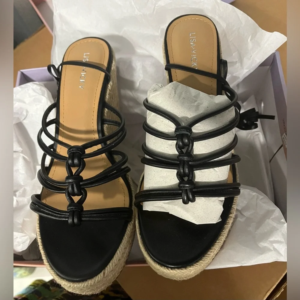 NWT Lisa Vicky Gaze Platform Lace Up Wedge Espadrille in Black Leather - Sz 9.5